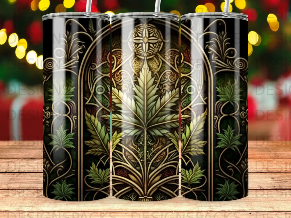 Tapered tumbler with ornate stained-glass cannabis leaf and floral design.