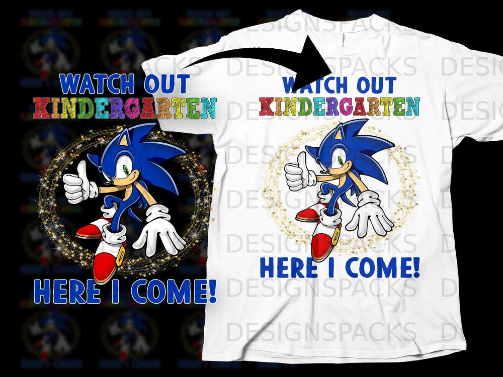 Sonic the Hedgehog giving a thumbs up with "Watch Out Kindergarten Here I Come!" text.