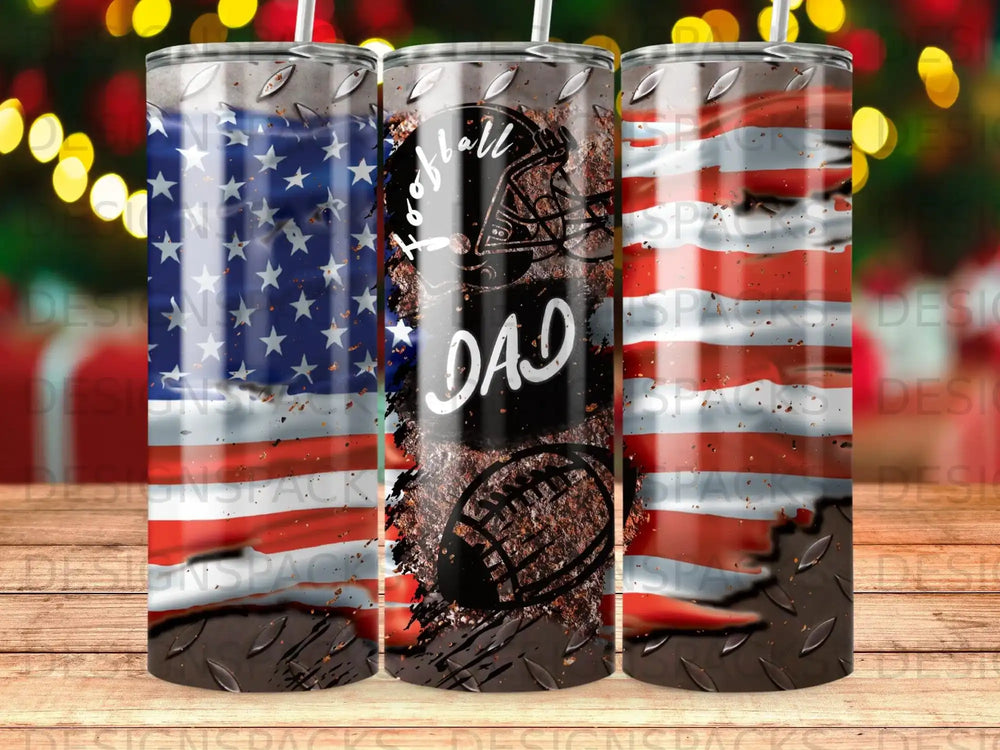 American flag and football "DAD" tumbler with distressed metal background.