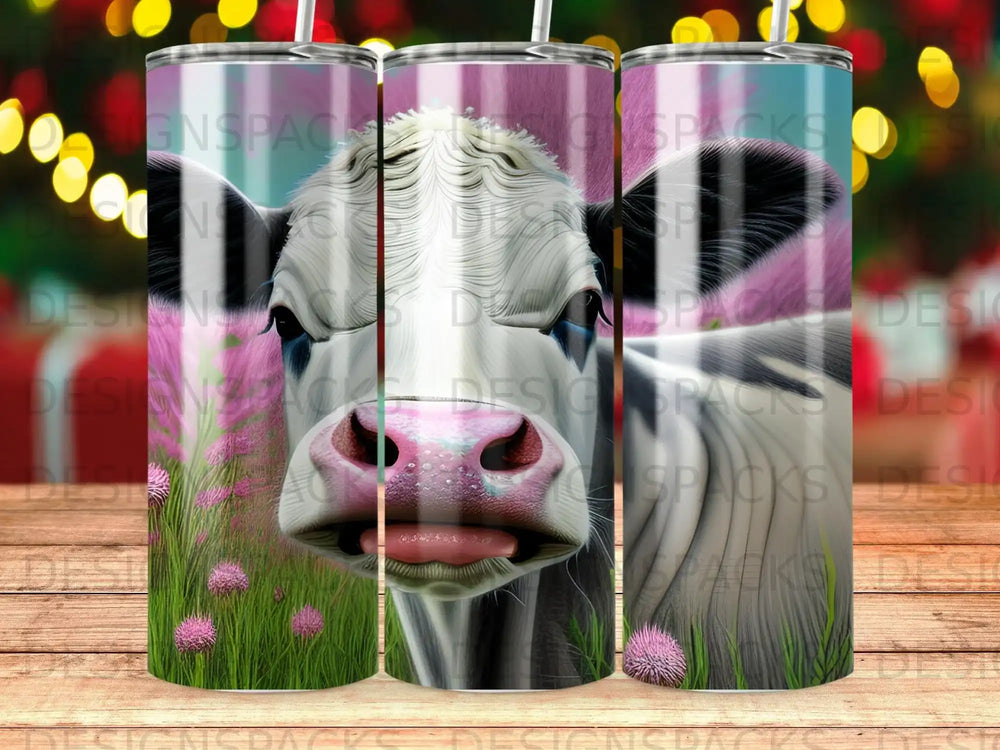 Close-up of a cow's face with pink flowers and green grass.