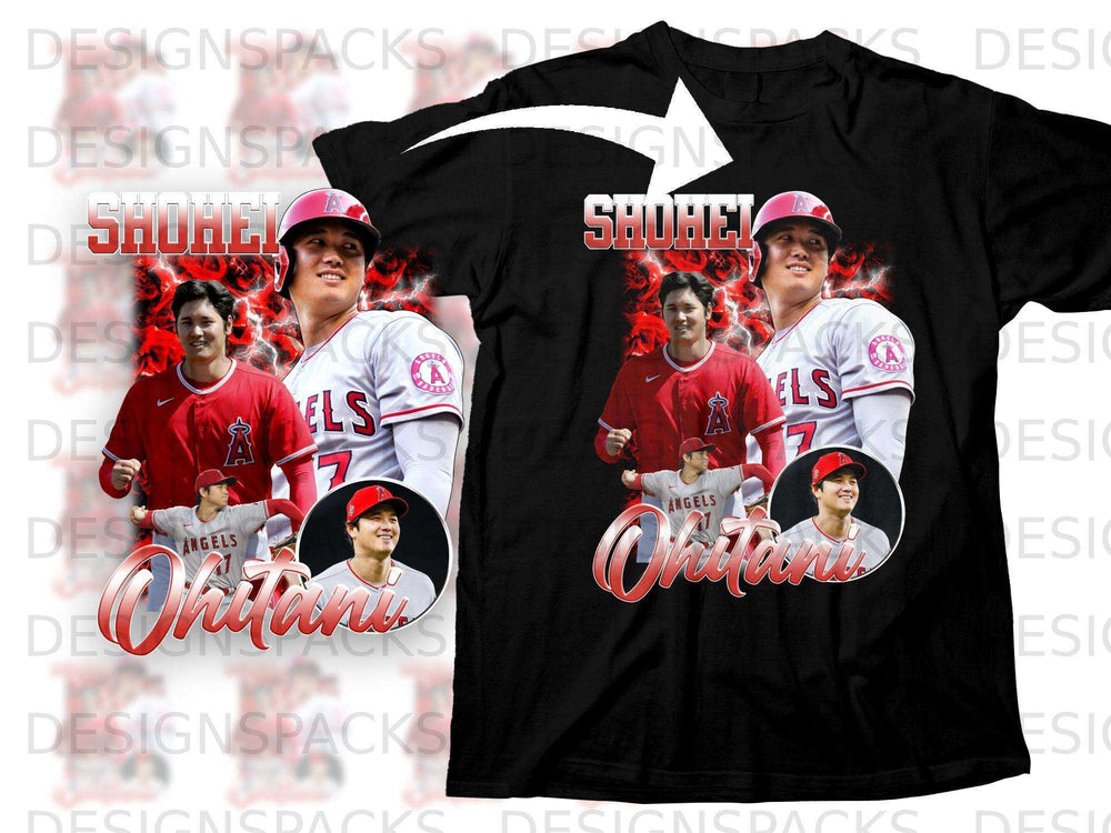 Black t-shirt featuring Shohei Ohtani in Los Angeles Angels uniform.