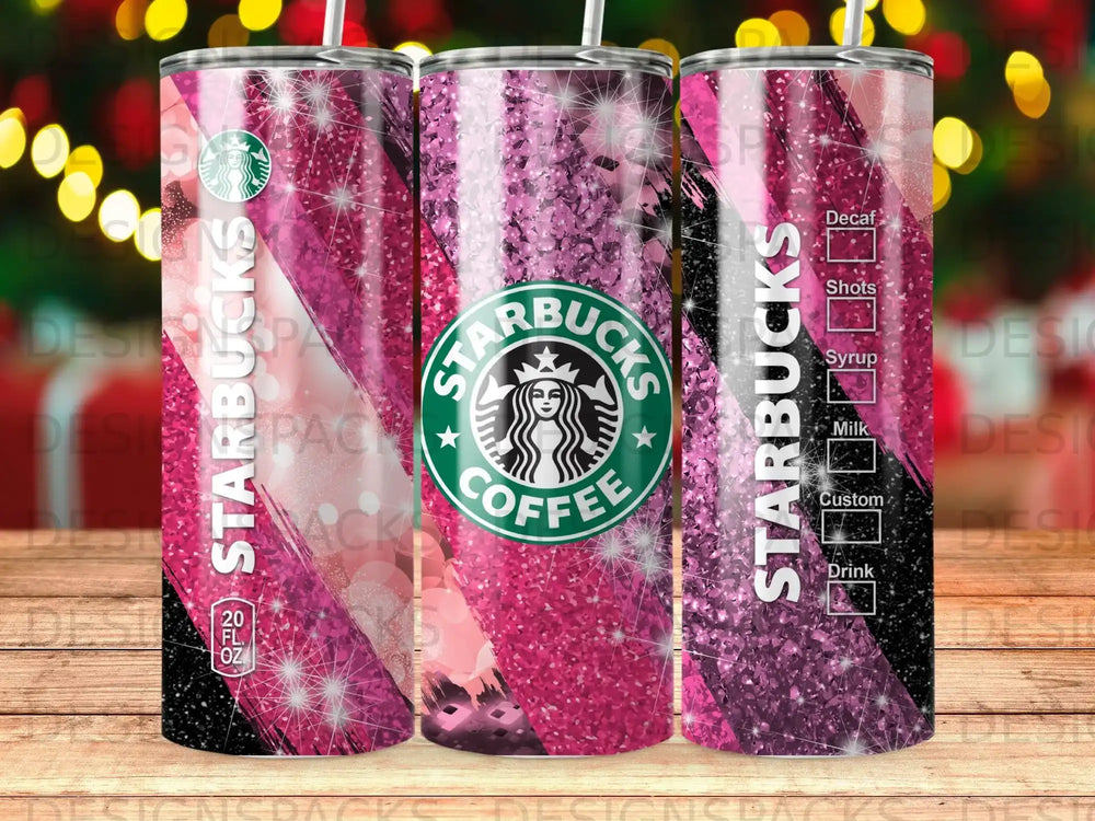 Starbucks tumbler with pink glitter and coffee cup logo.
