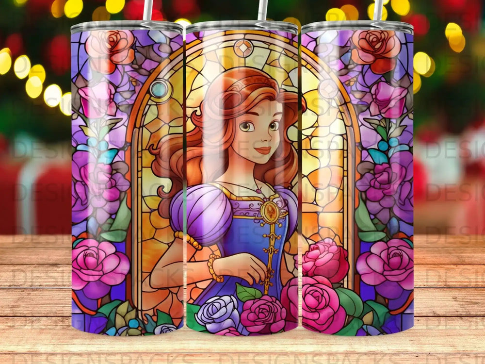 Stained glass design featuring a woman with roses, likely for a tumbler.