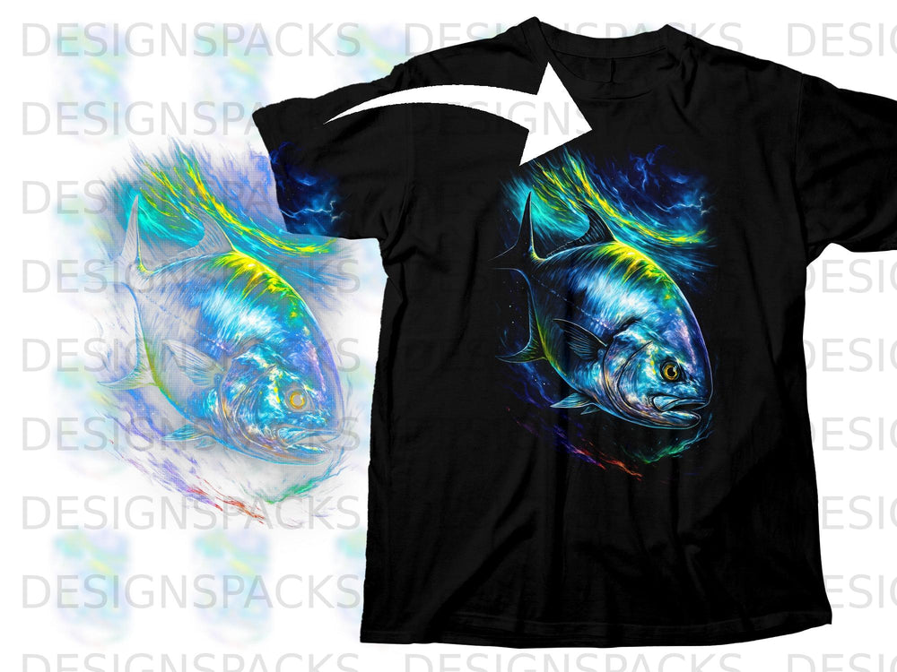Black t-shirt with a vibrant blue and yellow fish graphic.