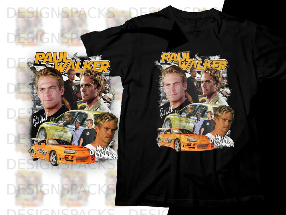 T-shirt featuring collage of Paul Walker and cars, "Paul Walker" text.