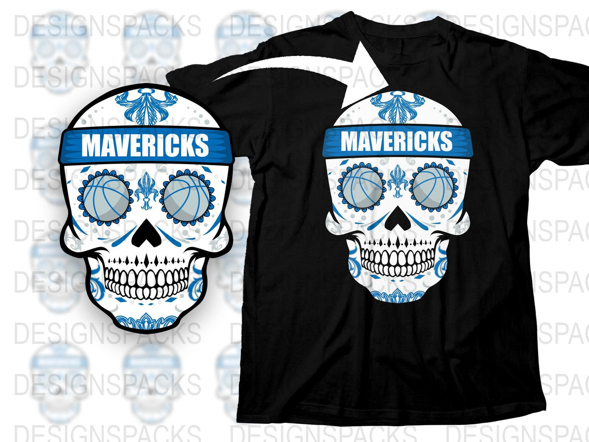 Mavericks Skull T-Shirt, Blue and White Graphic Tee, Men's Sports Fan Apparel