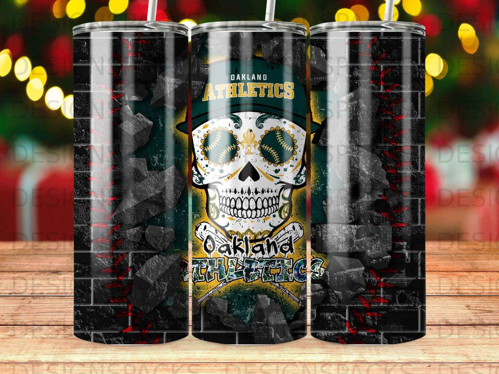 Oakland Athletics skull and brick pattern tumbler.