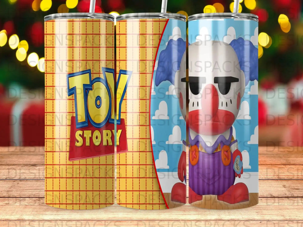 Toy Story tumbler with clown character and red stitched pattern.