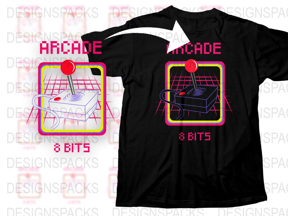 Retro Arcade T-Shirt, Neon Colors 8 Bits Gaming, Vintage Video Game Tee, Unisex Black Shirt for Gamers
