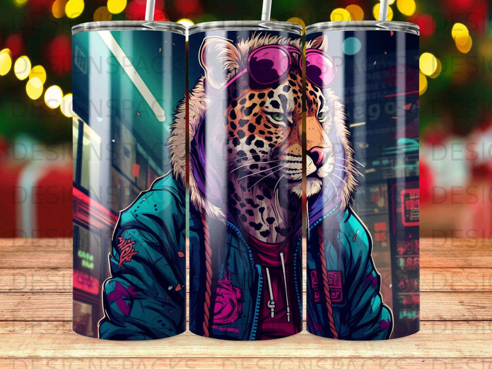 Leopard wearing sunglasses and hoodie, looking left, on a colorful tumbler design.