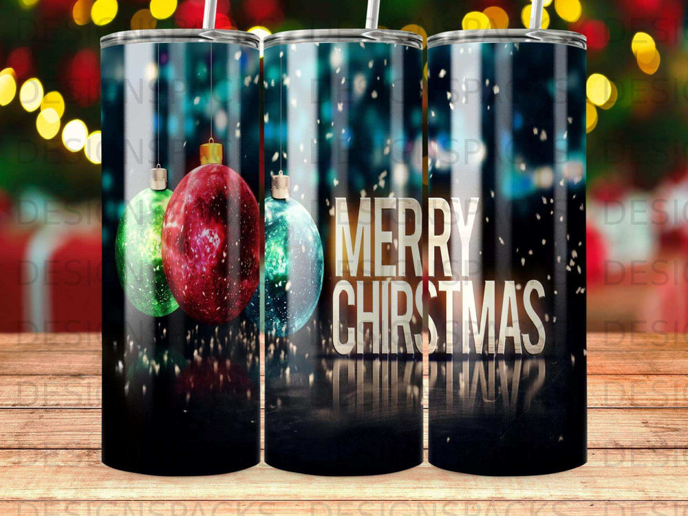 Three decorated Christmas ornaments hang in front of a "Merry Christmas" message.