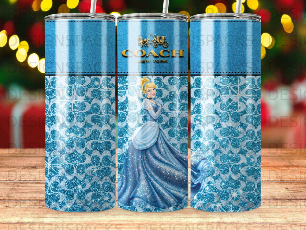 Cinderella in a blue ballgown, Coach logo, glittery pattern.