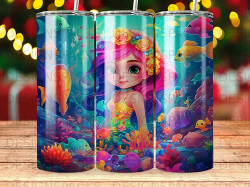 Mermaid with colorful fish in a coral reef underwater scene.
