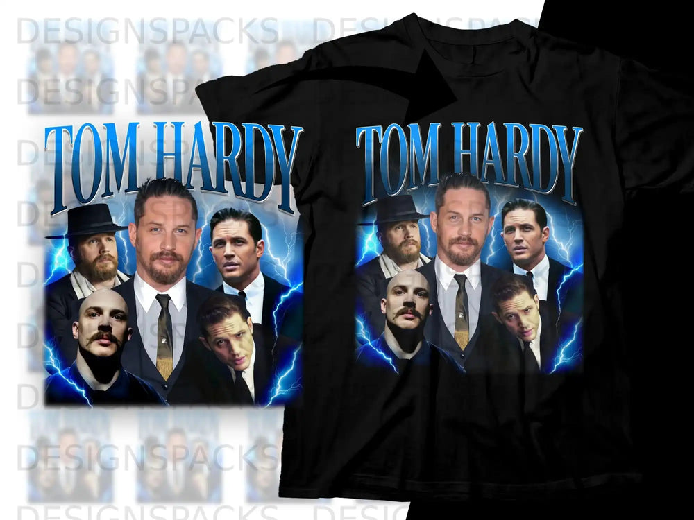 Tom Hardy collage t-shirt with "Tom Hardy" text and lightning.
