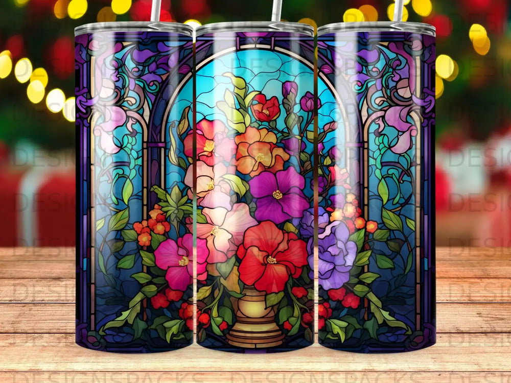 Stained glass tumbler with vibrant floral bouquet in arched window design.