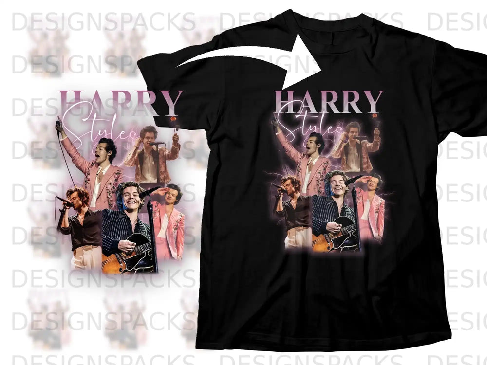 Black t-shirt featuring a collage of Harry Styles in pink suits.