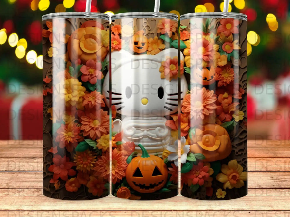 Hello Kitty tumbler with pumpkins, flowers, and fall leaves design.