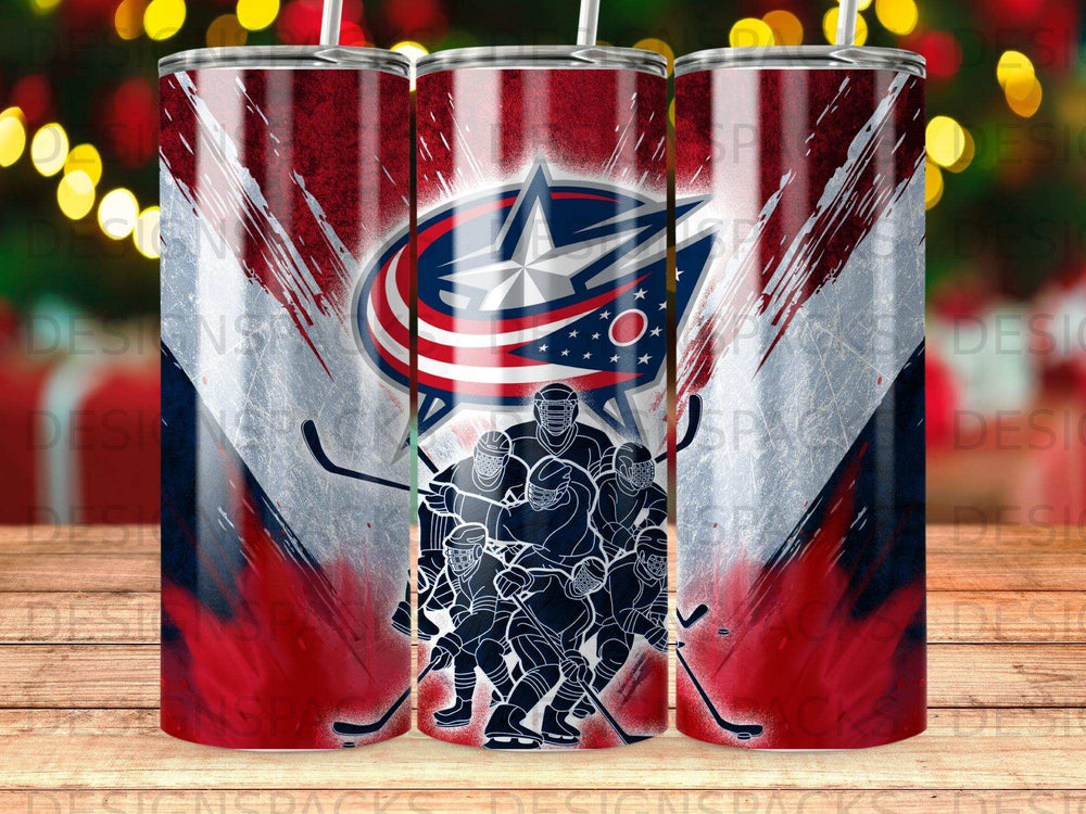 Columbus Blue Jackets hockey team logo on a striped tumbler.