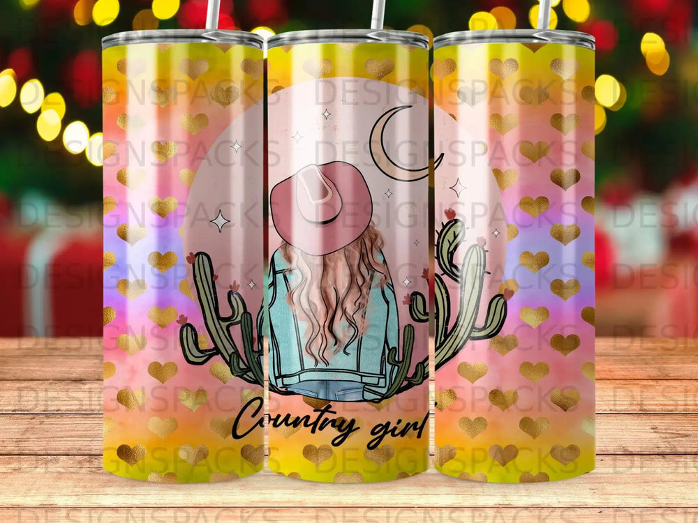 "Country girl" text on a tumbler with desert, cactus, and heart pattern.