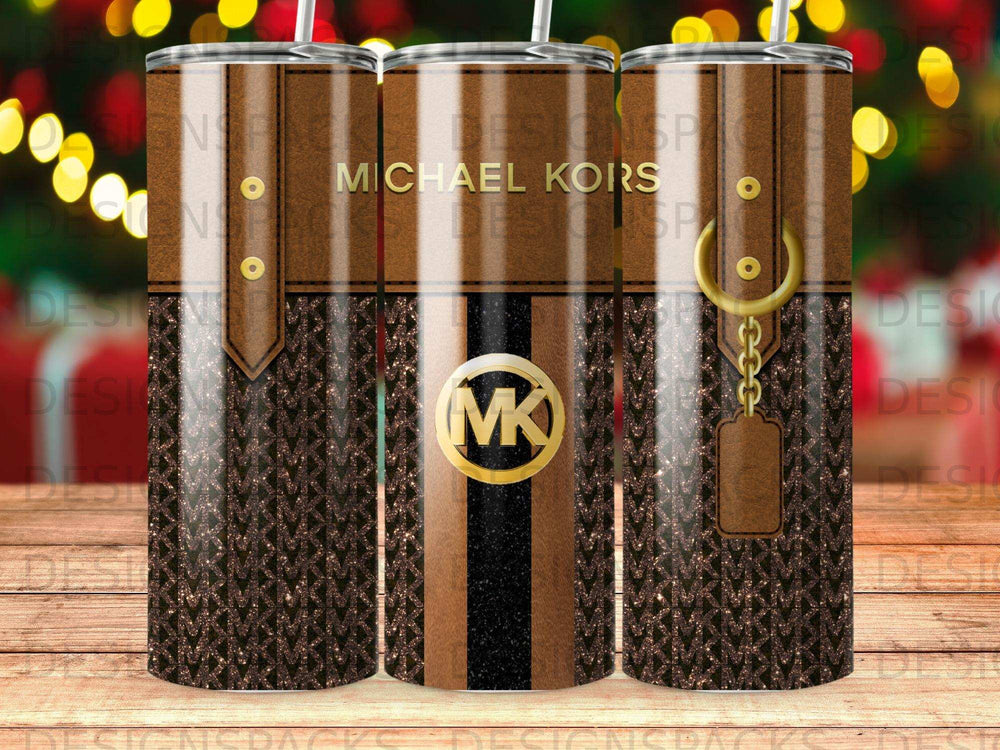 Michael Kors tumbler with MK logo, dark brown, gold accents, and glitter.