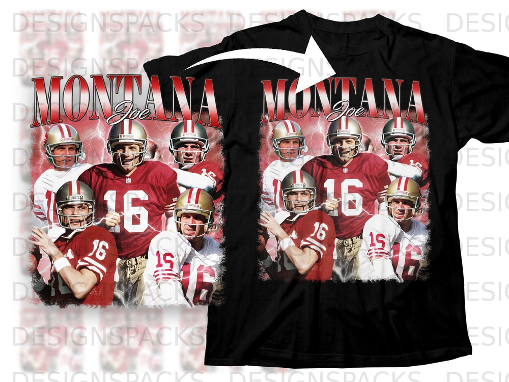 Joe Montana 49ers collage with lightning graphic on a black t-shirt.