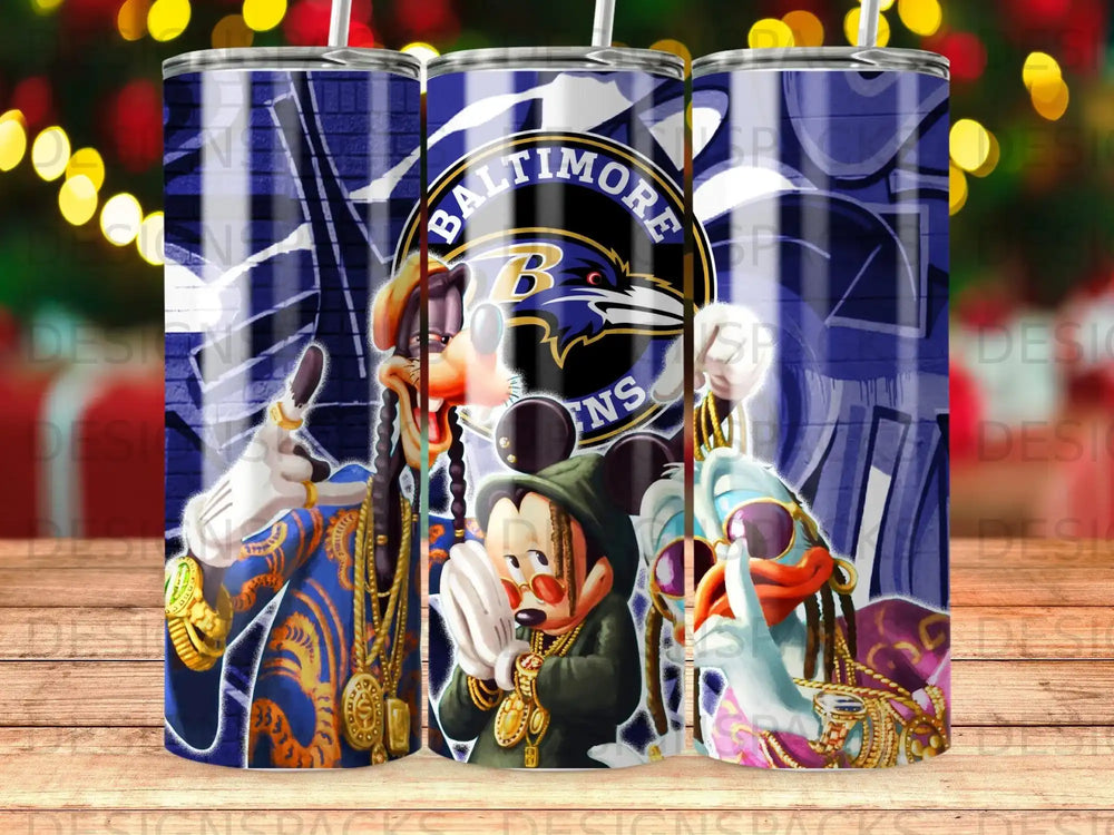 Mickey Mouse and Donald Duck in Ravens jerseys, with rapper bling.