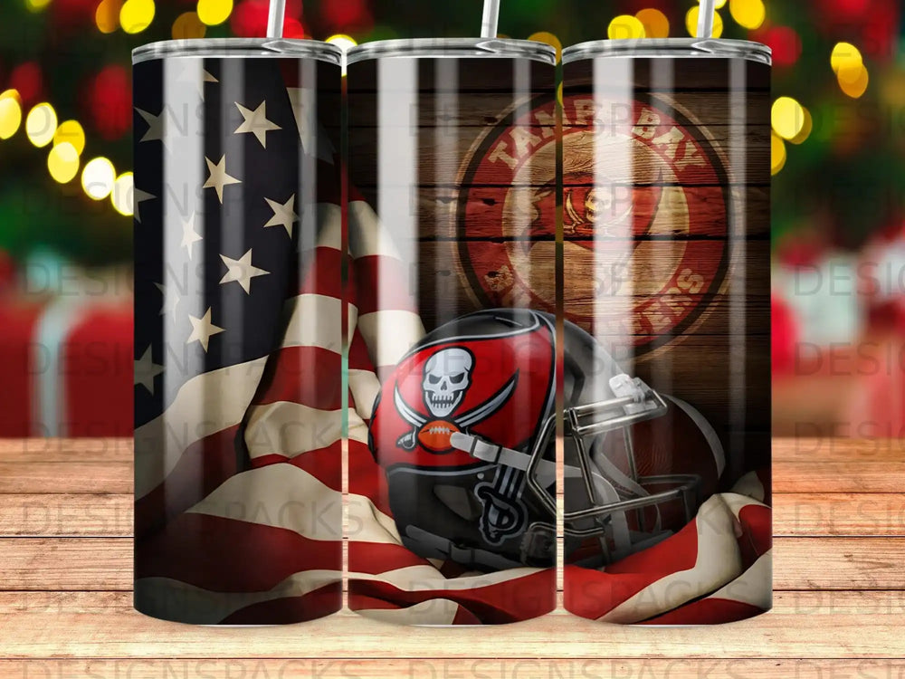 Tampa Bay Buccaneers helmet with American flag and wood background.