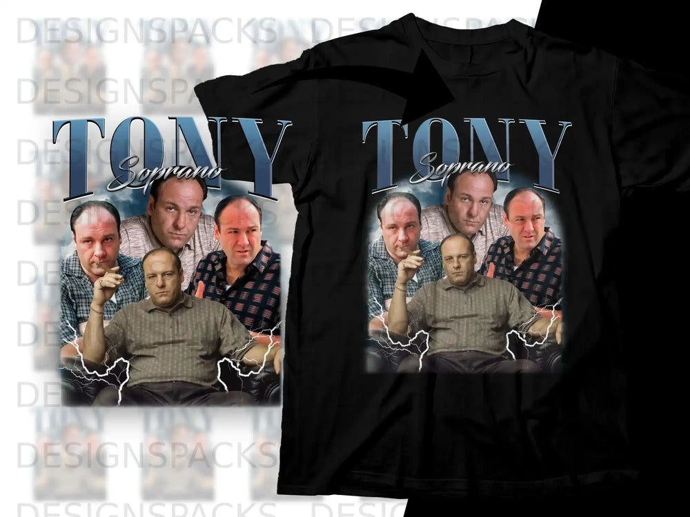 The Sopranos Tony and his crew on a black t-shirt.