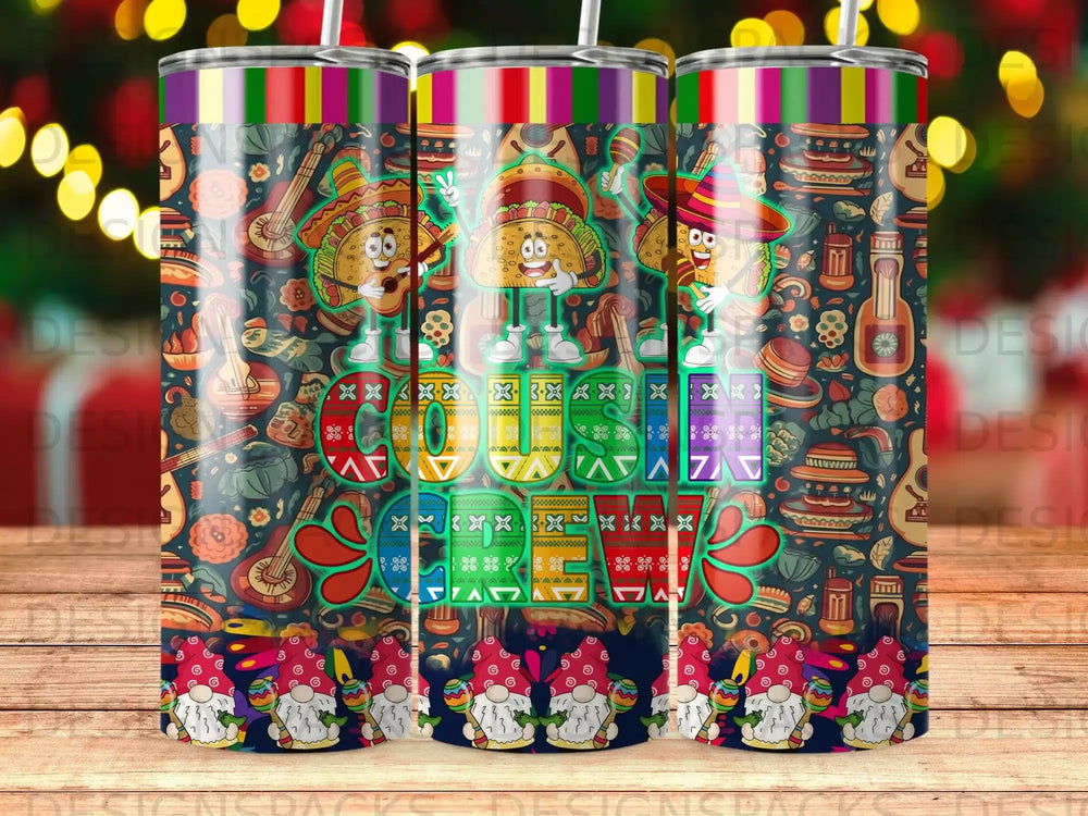 Colorful tumbler with Mexican fiesta and gnome designs.