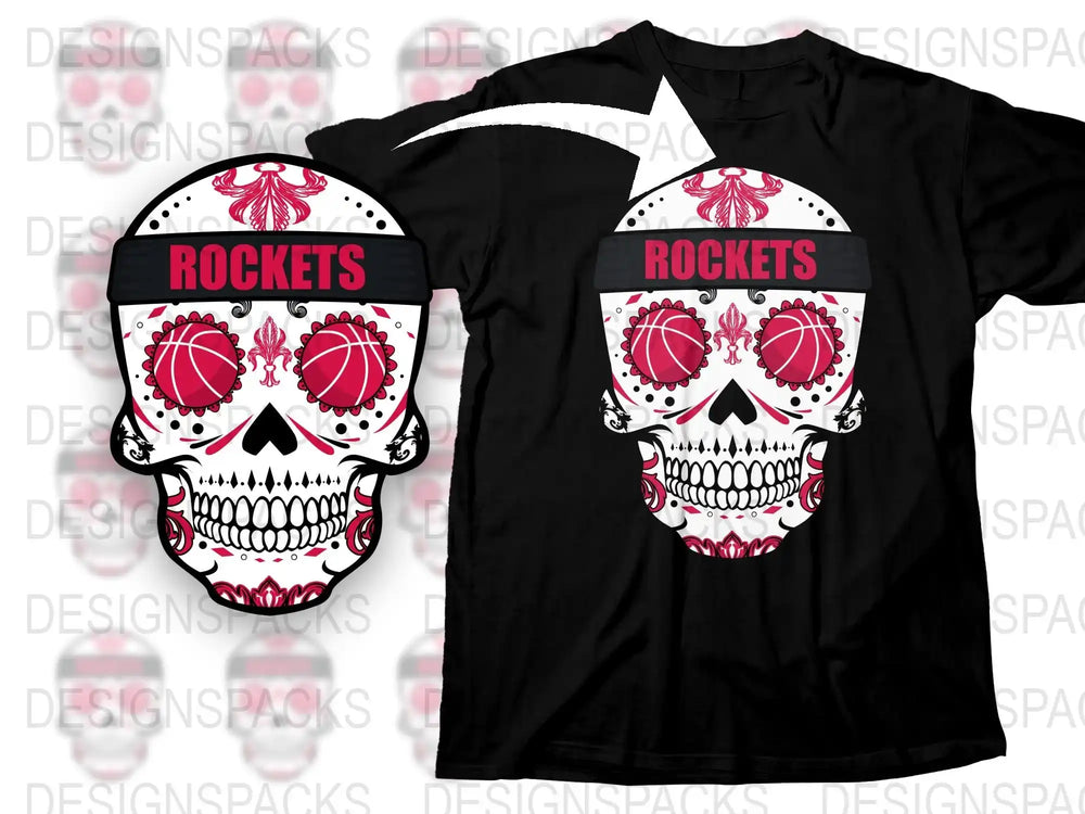 Men's Skull Graphic T-Shirt Rockets Design, Black Cotton Tee, Bold Skull Print, Streetwear Style Shirt