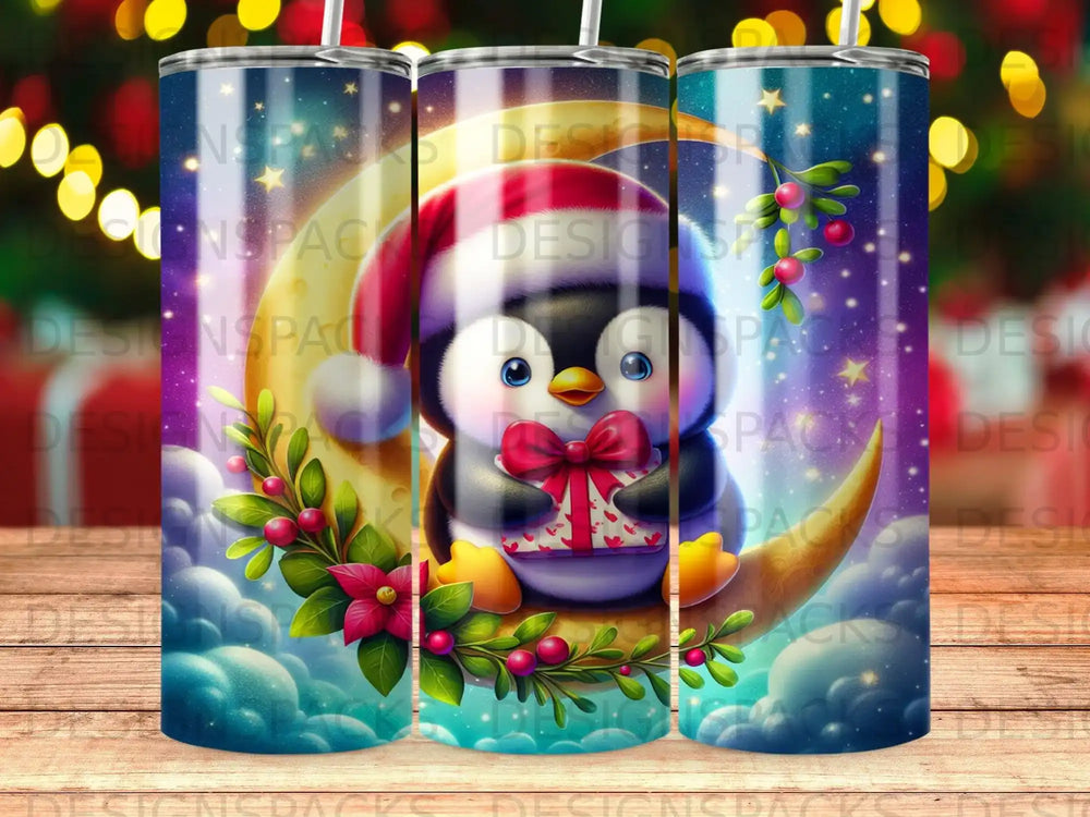 Penguin in Santa hat holding gift on crescent moon, surrounded by stars and clouds.