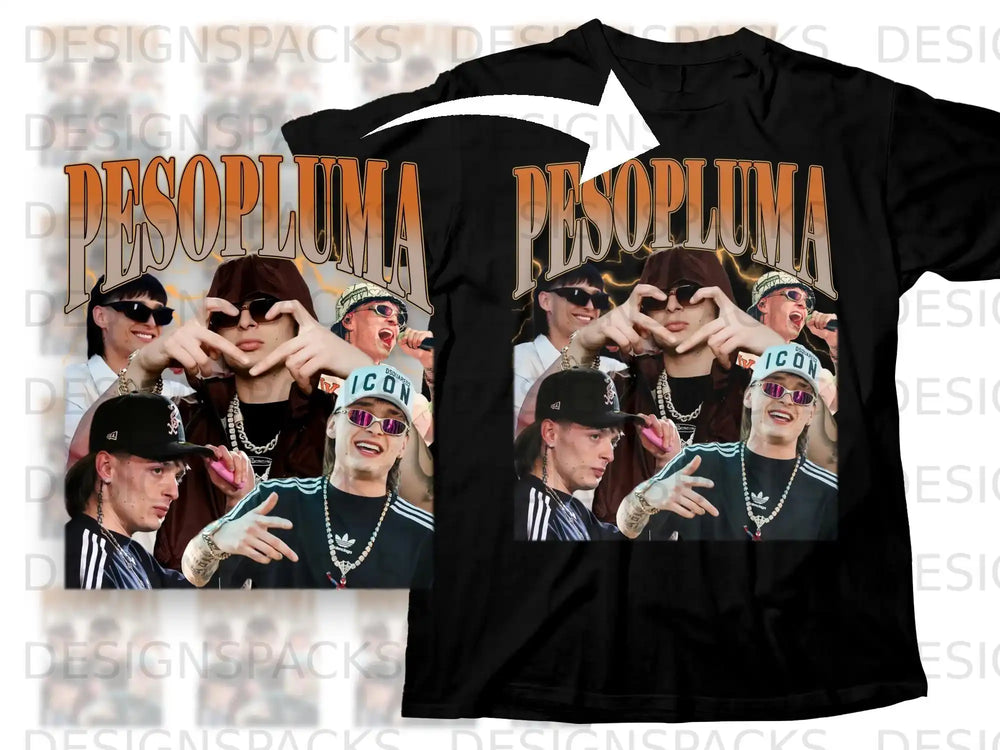 Black t-shirt with multiple images of Peso Pluma, including his logo.