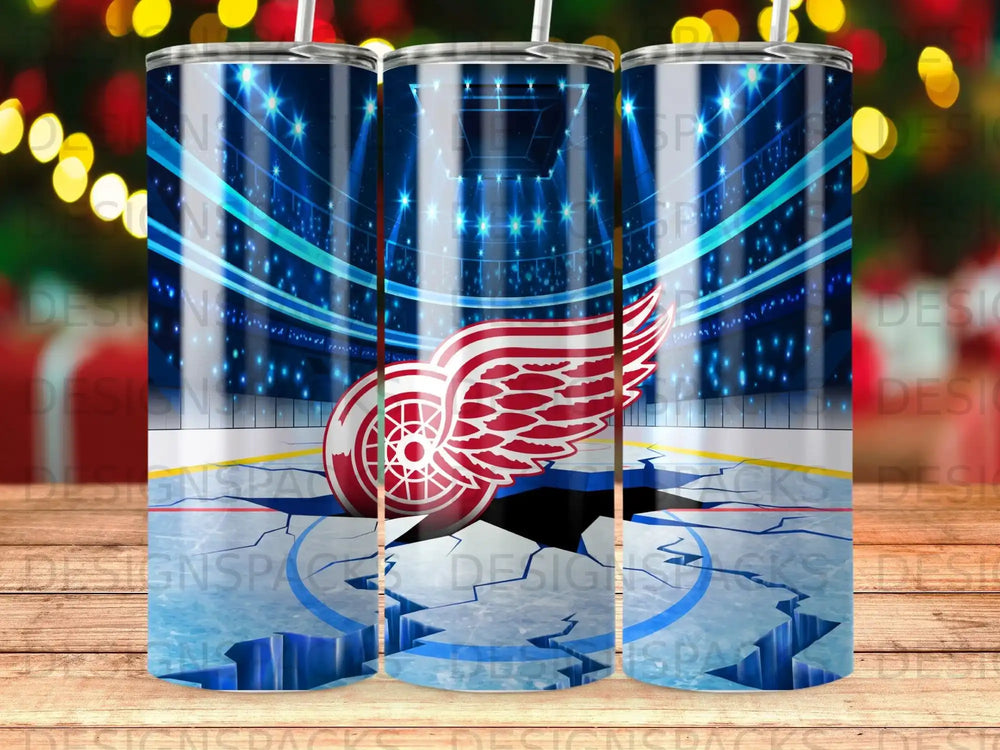 Red Wings logo on cracked ice hockey rink with stadium lights.