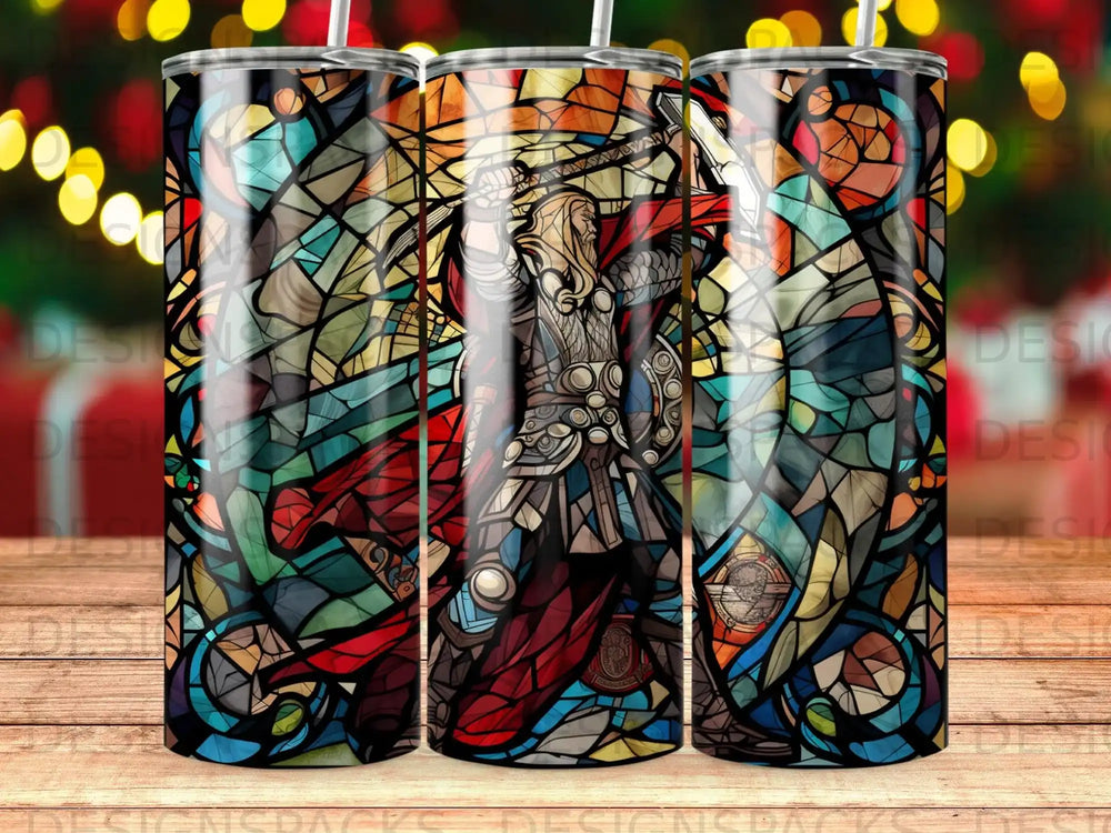 Thor in stained glass style on a tumbler with bokeh background.