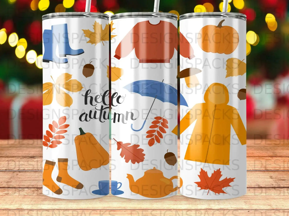 Autumn theme tumbler with pumpkins, leaves, rain gear, and "hello autumn" text.