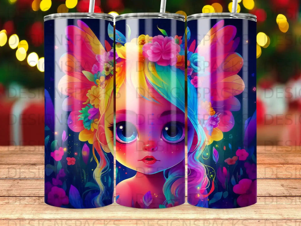 Colorful anime girl with flowers in her hair on a tumbler.
