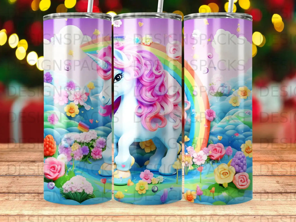Unicorn with rainbow mane and tail amidst flowers and rainbows.