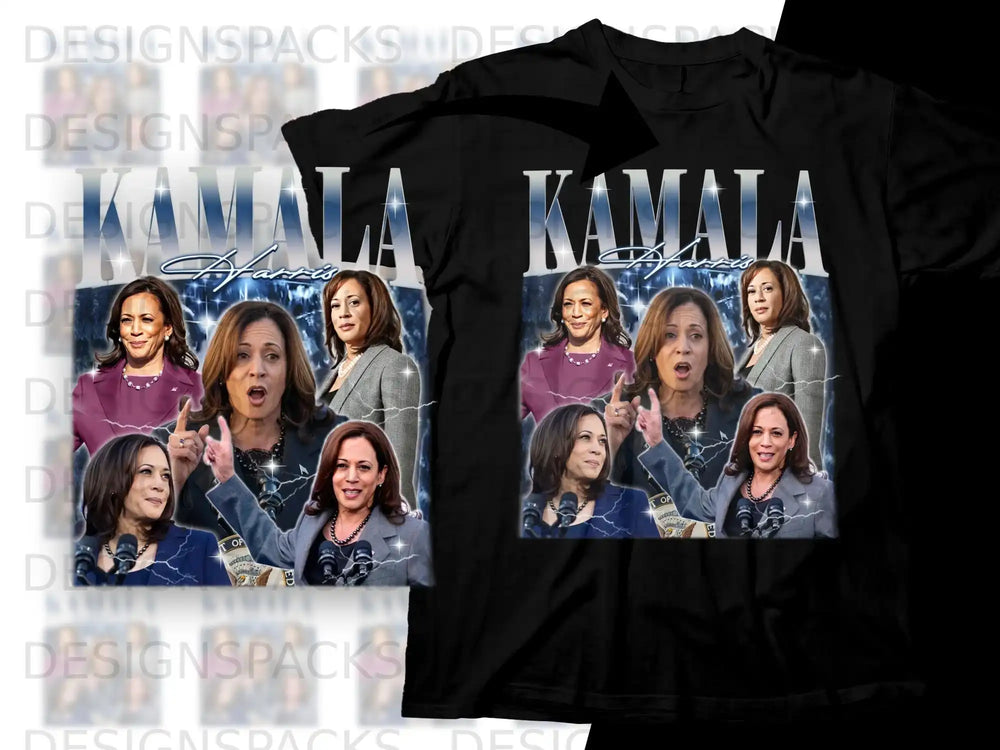 Kamala Harris collage on a black t-shirt.