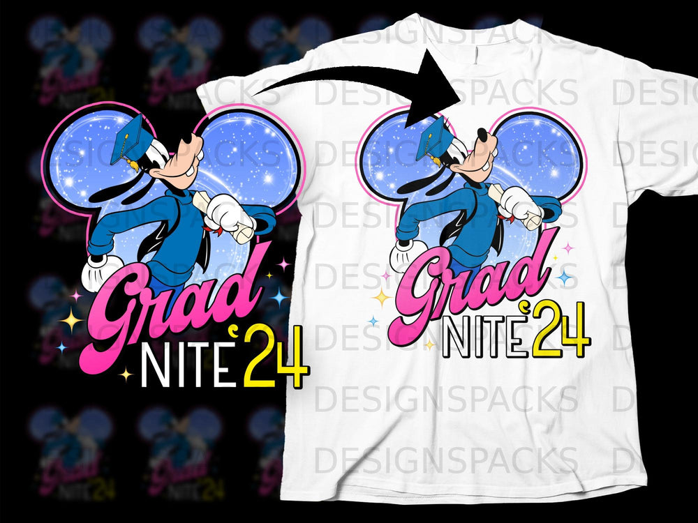 Goofy in graduation cap and gown holding diploma with "Grad Nite 24" text.