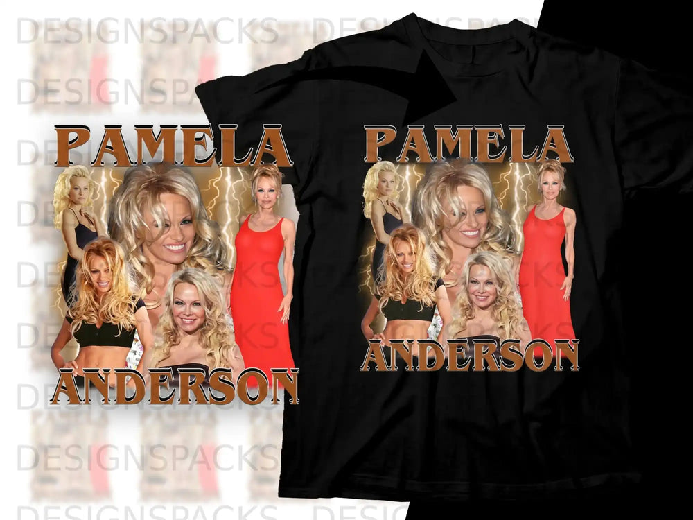 Collage of Pamela Anderson photos on a black t-shirt.