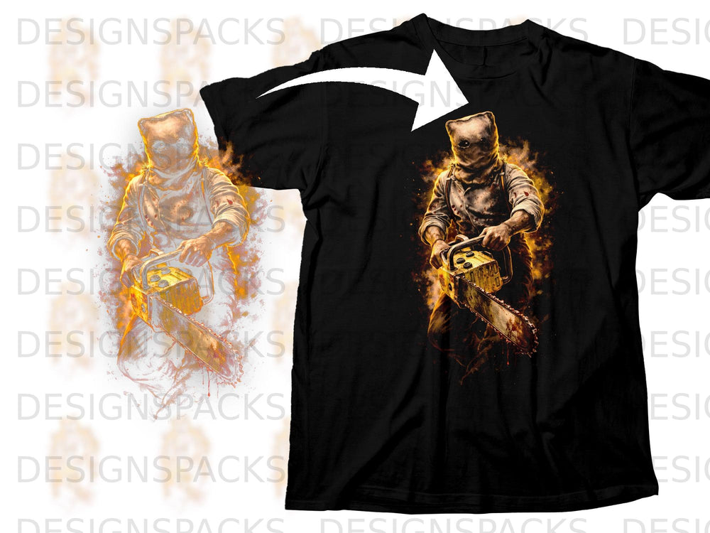 Black t-shirt with a graphic of a person in a sack mask holding a chainsaw.