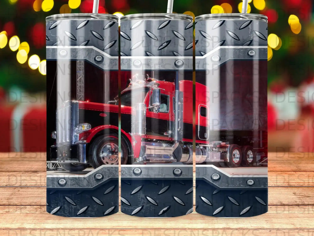 Red and black semi-truck with diamond plate border.