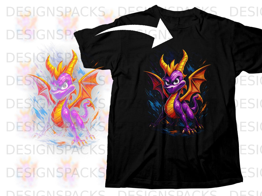 Black t-shirt featuring a purple dragon character with orange wings and horns.