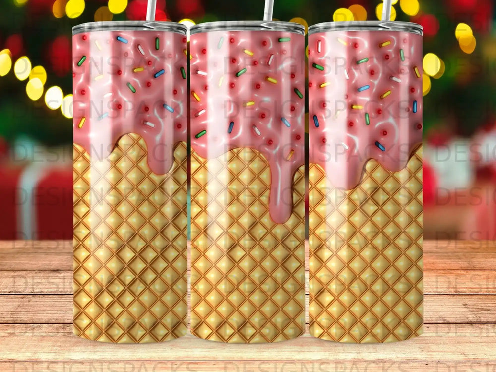 Three tumblers with waffle pattern and pink icing with sprinkles.