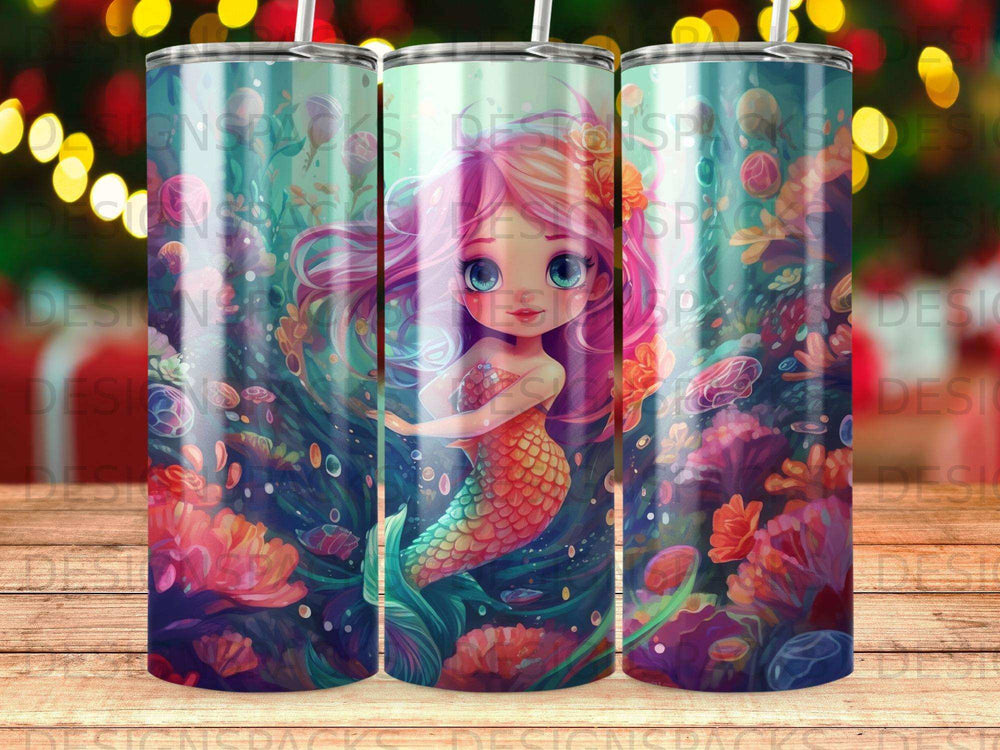 Cartoon mermaid with pink hair and tail surrounded by colorful coral and sea creatures.