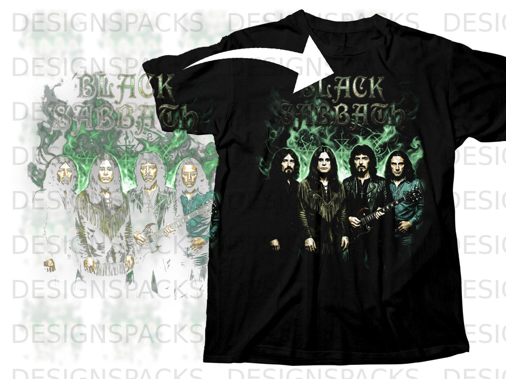 Black Sabbath band members on a black t-shirt with green flames.