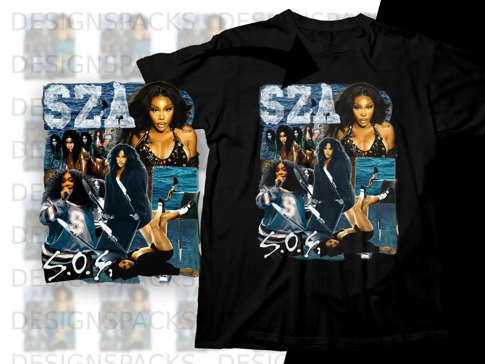 SZA "SOS" album art with artist SZA on black t-shirt.