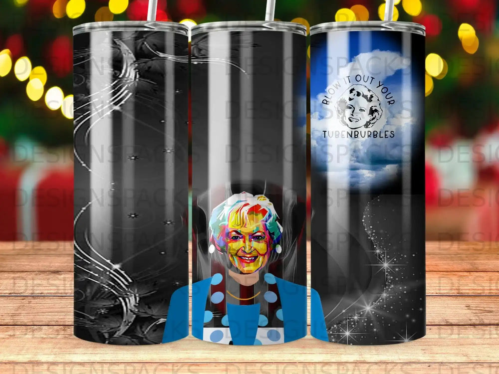 Tubenbubbles tumbler with colorful portrait and "Blow it out your" text.