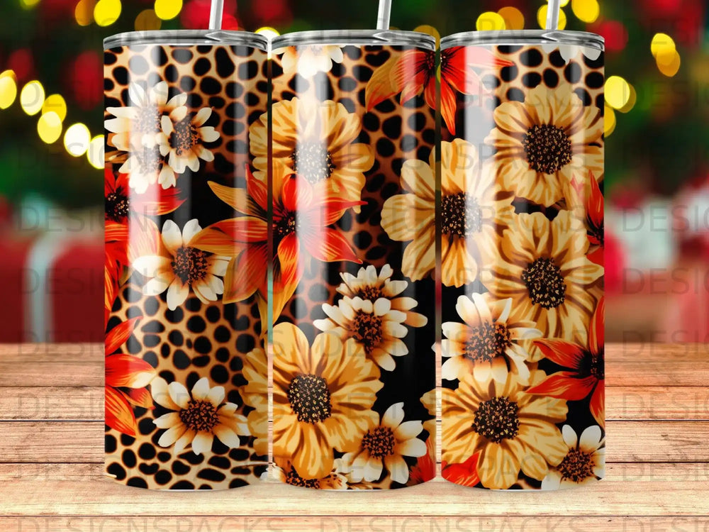 Tumbler with leopard print and sunflowers pattern.