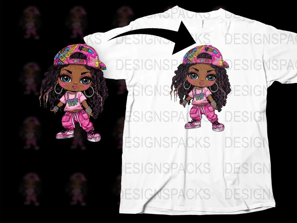 Cute African American Girl Cartoon Character T-Shirt, Pink Outfit, Youthful Design, Trendy Kids' Fashion Tee
